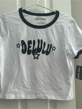 Hot Topic White & Black Ringer Tee with DELULU Star Graphic